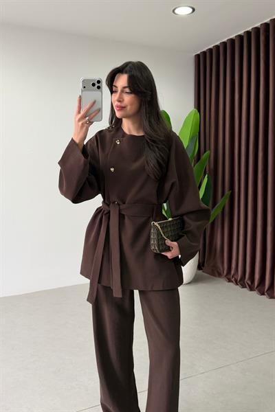 Lanie Kahve Kuşaklı Ceket Pantolon Takım