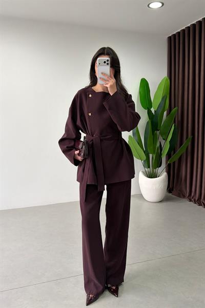 Lanie Mürdüm Kuşaklı Ceket Pantolon Takım