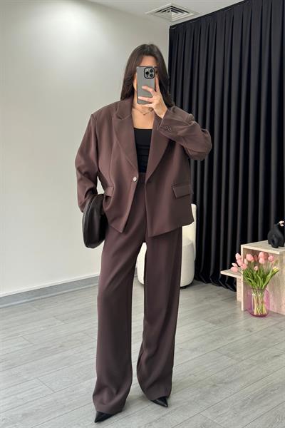 Lara Premium Kahve Krep Kumaş Palazzo Pantolon