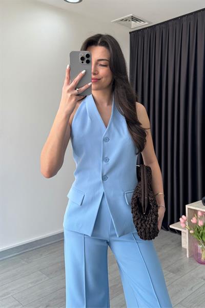 Leila Mavi Yelek Pantolon Takım