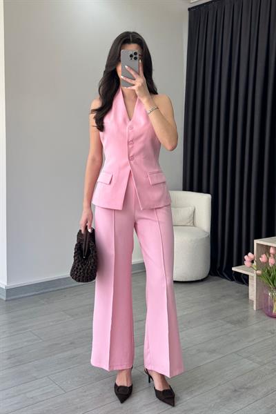 Leila Pembe Yelek Pantolon Takım