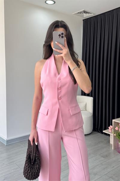 Leila Pembe Yelek Pantolon Takım