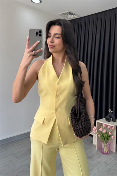 Leila Sarı Yelek Pantolon Takım