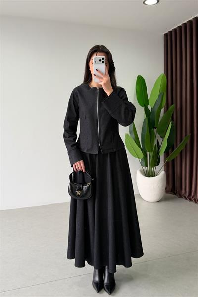 Liche Lacivert Denim Ceket Etek Takım