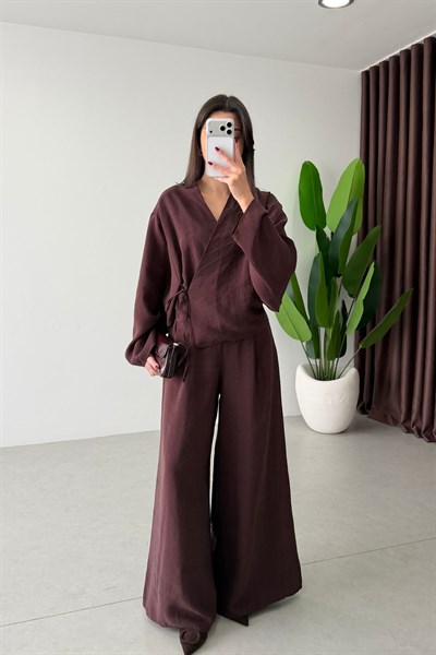 Limba Mürdüm Tensel Kimono Pantolon Takım