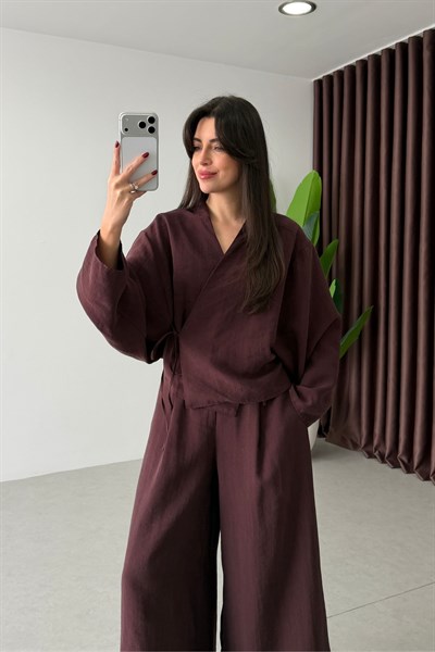 Limba Mürdüm Tensel Kimono Pantolon Takım