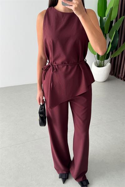 Linez Bordo Asimetrik Bluz Pantolon Takım
