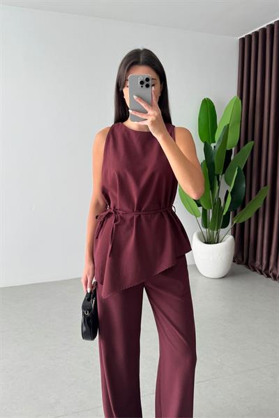 Linez Bordo Asimetrik Bluz Pantolon Takım