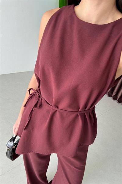 Linez Bordo Asimetrik Bluz Pantolon Takım