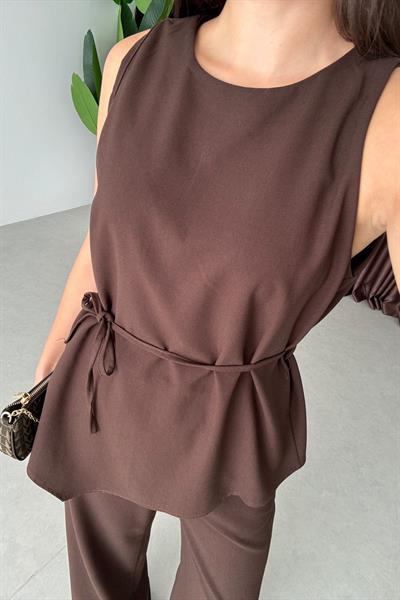 Linez Kahve Asimetrik Bluz Pantolon Takım