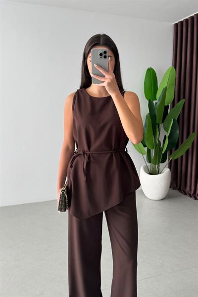 Linez Kahve Asimetrik Bluz Pantolon Takım