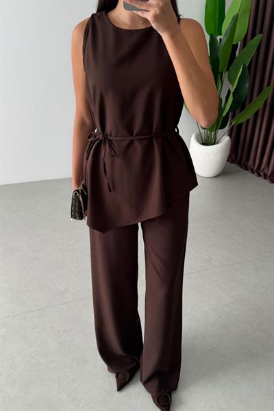 Linez Kahve Asimetrik Bluz Pantolon Takım