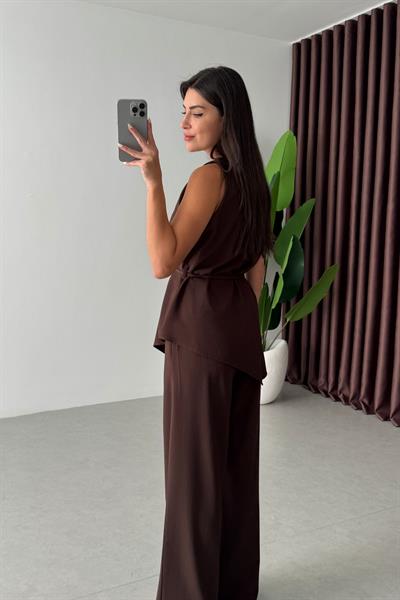 Linez Kahve Asimetrik Bluz Pantolon Takım