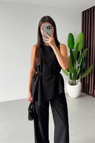 Linez Siyah Asimetrik Bluz Pantolon Takım