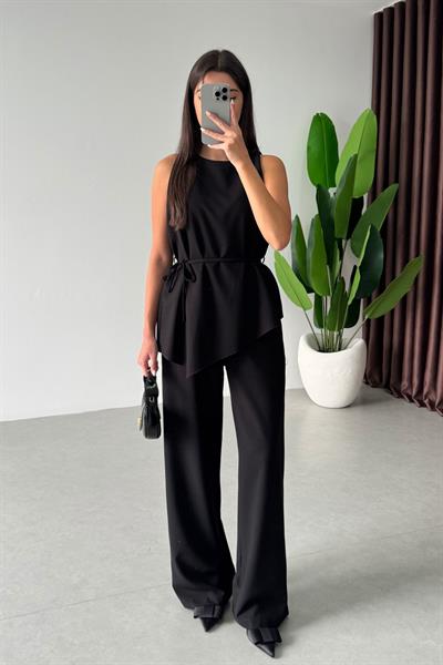 Linez Siyah Asimetrik Bluz Pantolon Takım