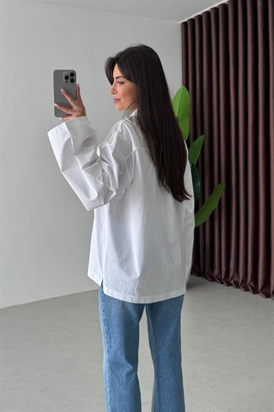 Lino Beyaz Oversize Gömlek