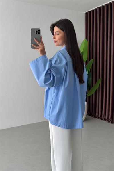 Lino Mavi Oversize Gömlek
