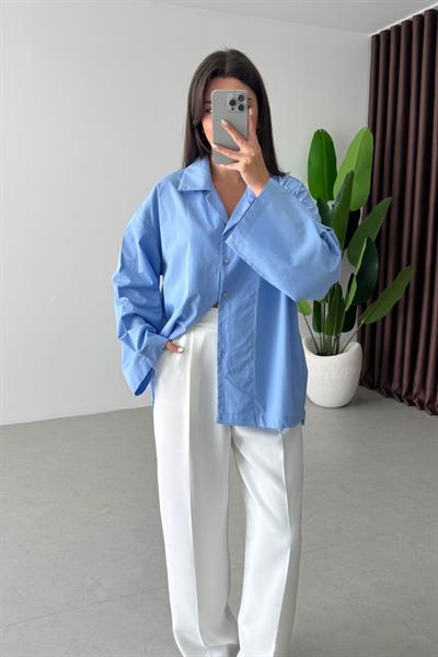 Lino Mavi Oversize Gömlek