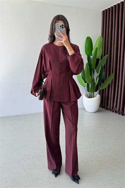 Lizzie Bordo Sırtı Lastikli Tasarım Bluz Pantolon Takım