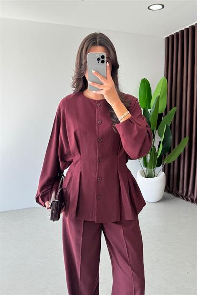 Lizzie Bordo Sırtı Lastikli Tasarım Bluz Pantolon Takım