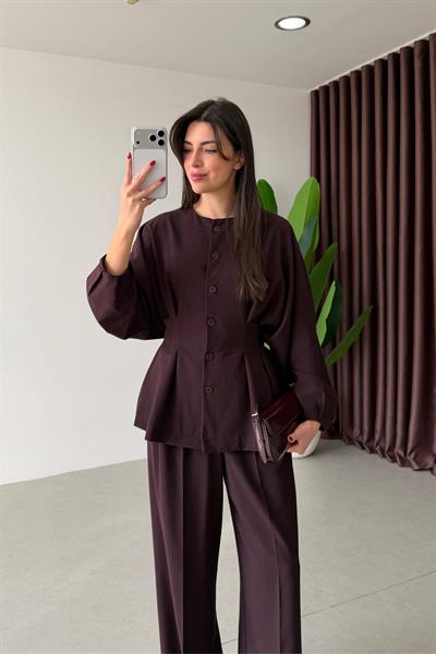 Lizzie Mürdüm Sırtı Lastikli Tasarım Bluz Pantolon Takım