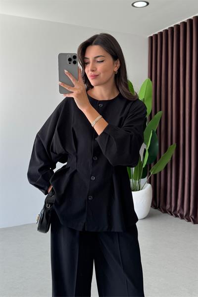 Lizzie Siyah Sırtı Lastikli Tasarım Bluz Pantolon Takım