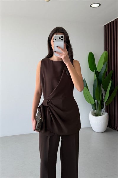 Luisa Kahve Tasarım Bluz Pantolon Takım