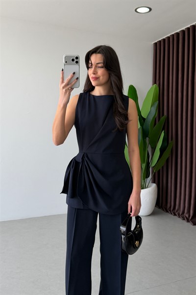 Luisa Lacivert Tasarım Bluz Pantolon Takım