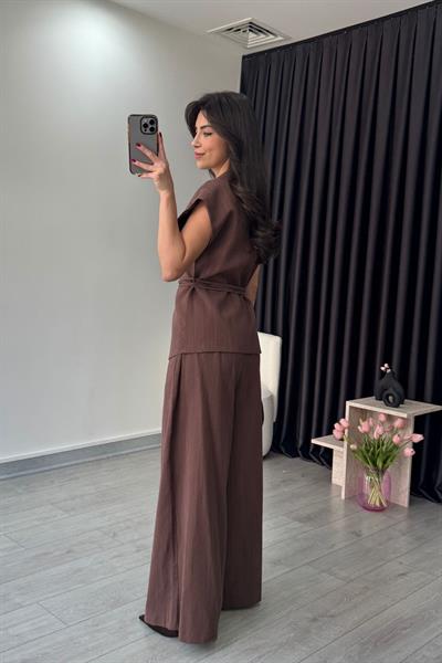 Luna Kahve Keten Yelek Pantolon Takım