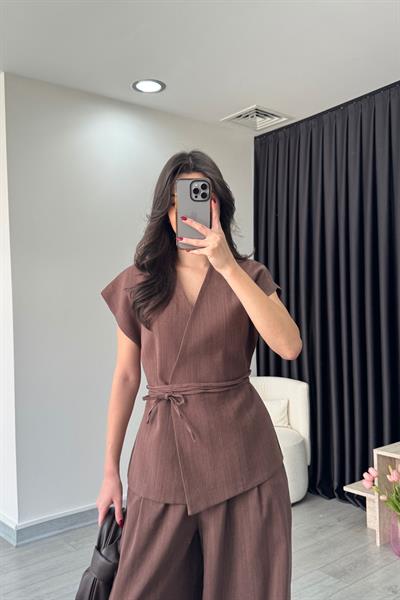 Luna Kahve Keten Yelek Pantolon Takım