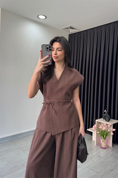 Luna Kahve Keten Yelek Pantolon Takım