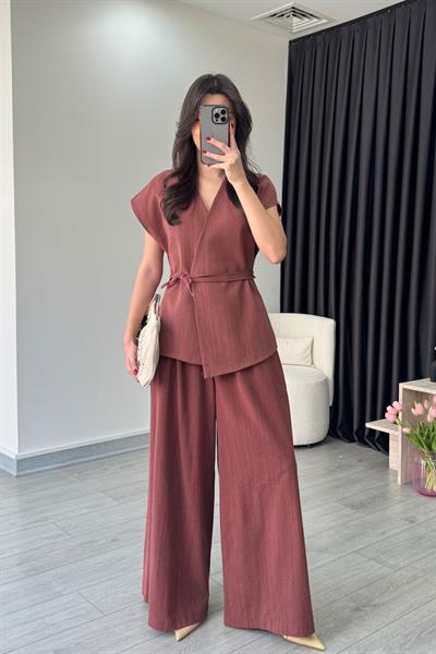 Luna Kiremit Keten Yelek Pantolon Takım