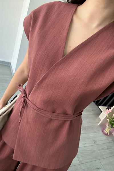 Luna Kiremit Keten Yelek Pantolon Takım
