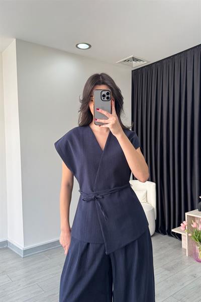 Luna Lacivert Keten Yelek Pantolon Takım