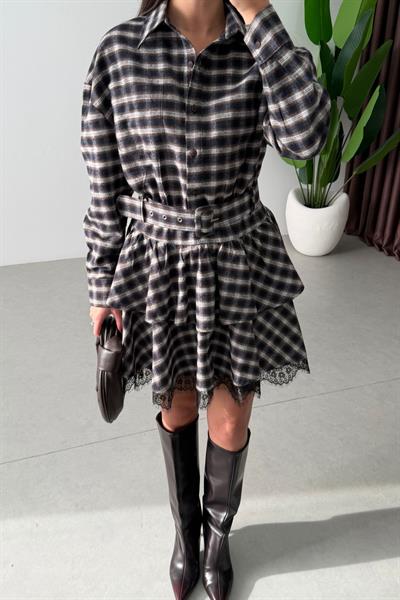 Lush Kahve Dantel Detay Ekoseli Ebise