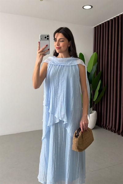 Lina  Mavi Volanlı Şal Yaka Midi Elbise