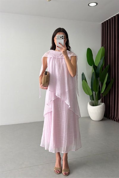 Luvis Pembe Volanlı Şal Yaka Midi Elbise