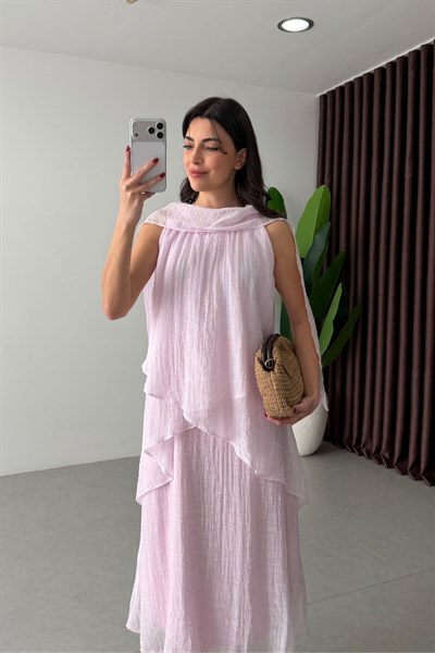 Lina Pembe Volanlı Şal Yaka Midi Elbise