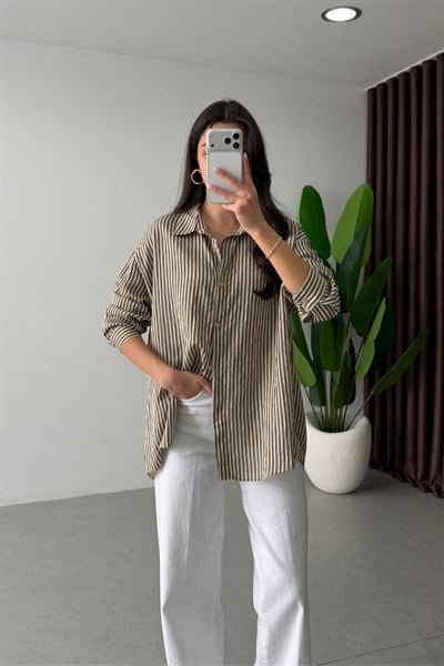 Mago Bej Oversize Çizgili Gömlek 