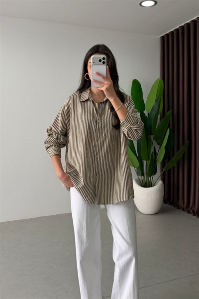 Mago Bej Oversize Çizgili Gömlek 