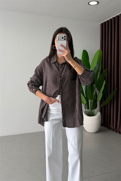 Mago Bordo Oversize Çizgili Gömlek 