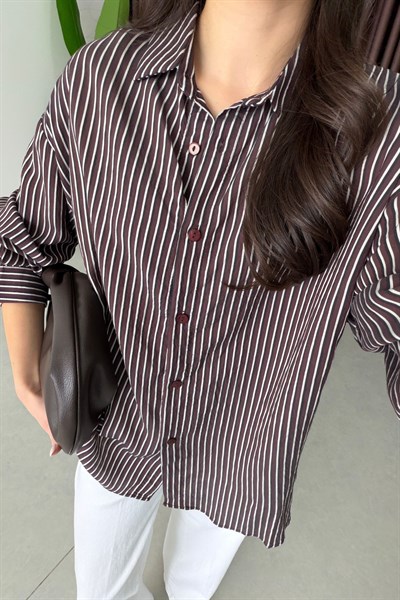Mago Bordo Oversize Çizgili Gömlek 