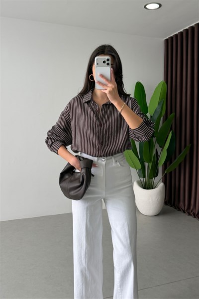Mago Bordo Oversize Çizgili Gömlek 