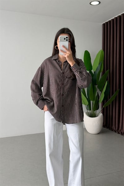 Mago Bordo Oversize Çizgili Gömlek 