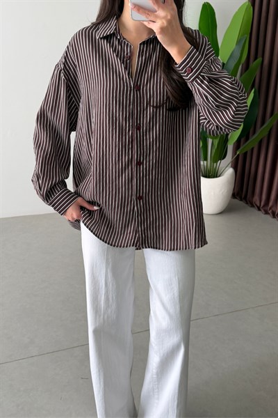 Mago Bordo Oversize Çizgili Gömlek 