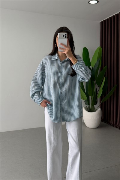 Mago Mavi Oversize Çizgili Gömlek 