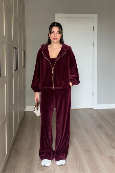 Main Bordo Üçlü Kadife Takım