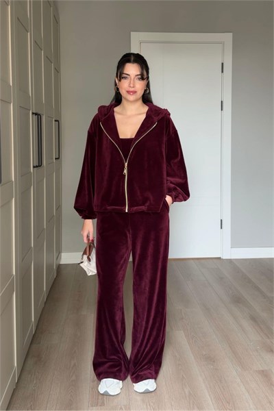 Main Bordo Üçlü Kadife Takım