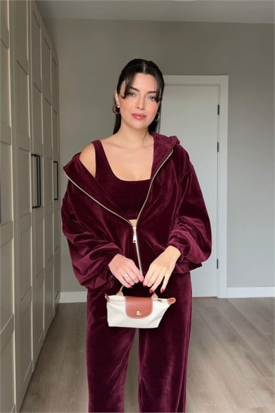 Main Bordo Üçlü Kadife Takım