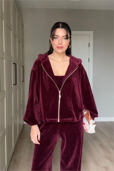 Main Bordo Üçlü Kadife Takım